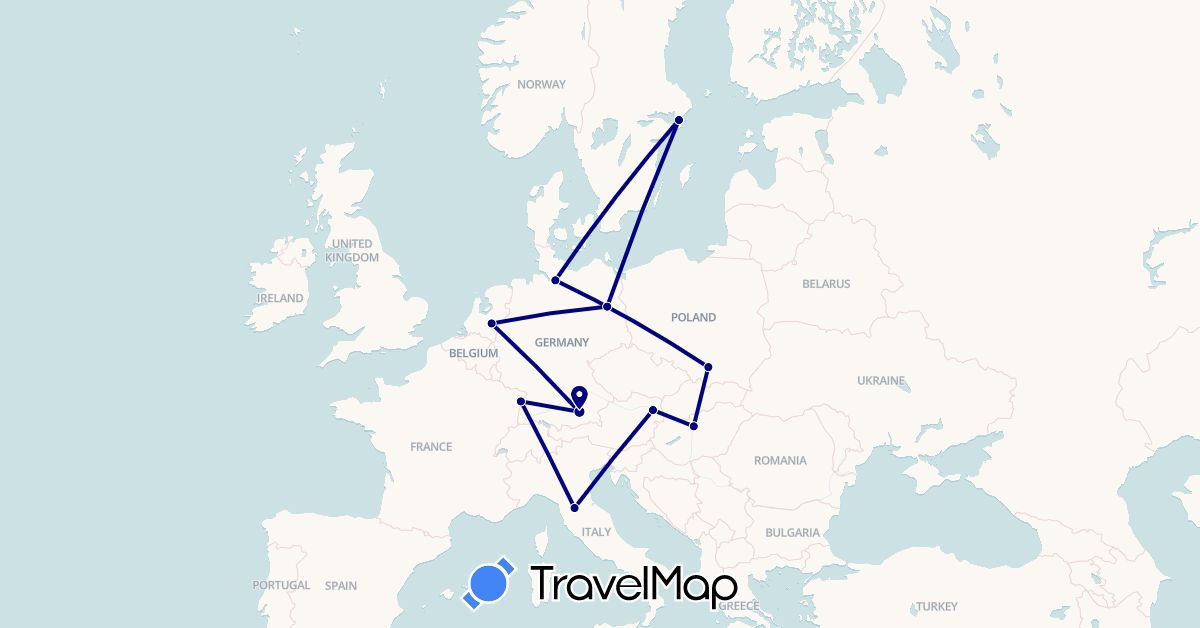 TravelMap itinerary: driving in Austria, Germany, France, Hungary, Italy, Netherlands, Poland, Sweden (Europe)