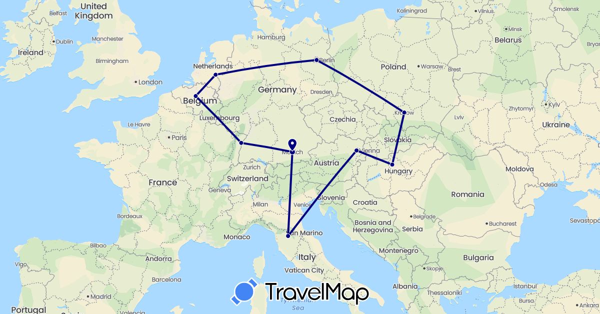 TravelMap itinerary: driving in Austria, Belgium, Germany, France, Hungary, Italy, Netherlands, Poland (Europe)