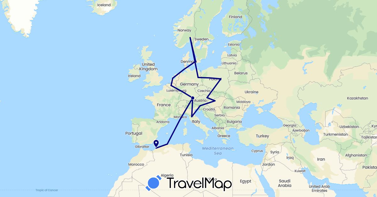 TravelMap itinerary: driving in Austria, Belgium, Germany, Denmark, Algeria, Hungary, Italy, Netherlands, Norway, Poland, Slovenia (Africa, Europe)